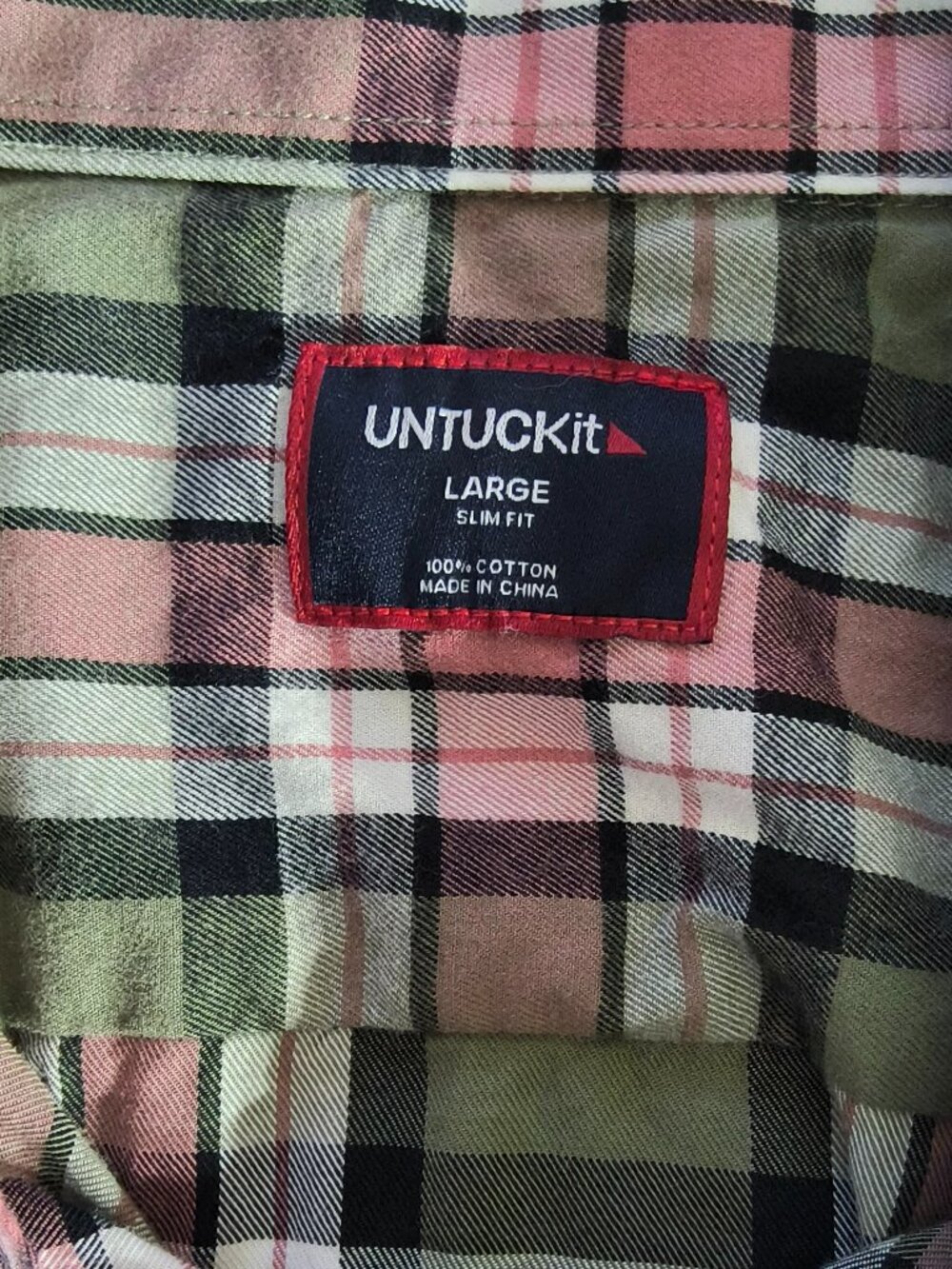Mens large Untuckit green pink plaid lightweight cotton flannel shirt